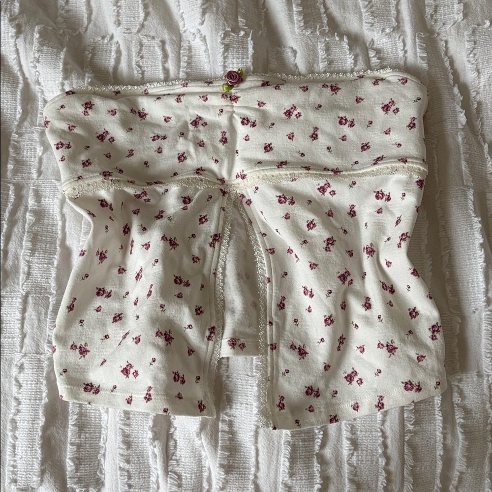 Cream Floral Bustier Tube Top with Rose Accent